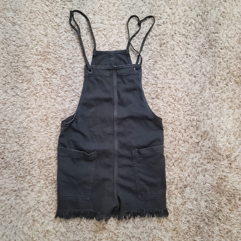 Aerie‎ Shortall Romper Kids Small Black Denim Frayed Hem Adjustable Straps